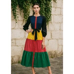 Borgo De Nor Multicolor Patchwork Maxi Dress Belted Long Sleeve Size 10